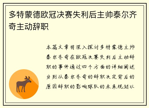 多特蒙德欧冠决赛失利后主帅泰尔齐奇主动辞职