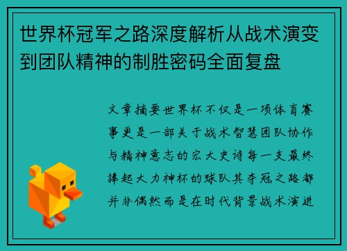 世界杯冠军之路深度解析从战术演变到团队精神的制胜密码全面复盘